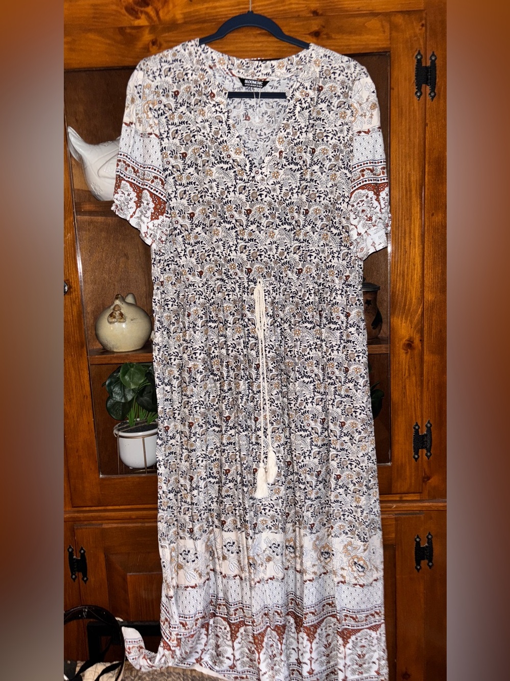 BloomChic Cream Floral Midi Dress with Rust and Navy Details